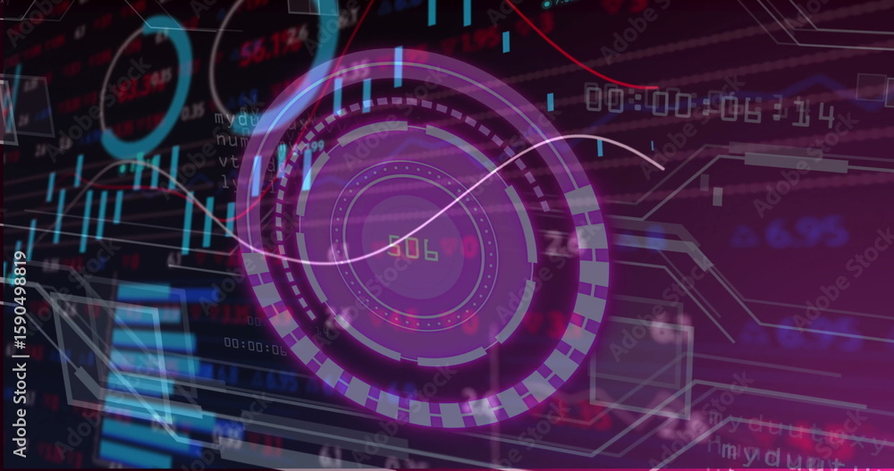 Poster displaying digital interface featuring circular hud at center on screen, with streaming analytics
