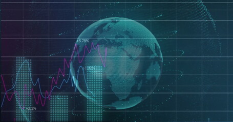 Spinning 3D globe in financial dashboard, grid lines, bar columns, pink and blue lines, percentages
