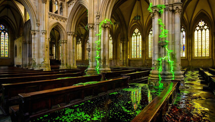 Flooded Church Interior with Green Illumination and Vegetative Growth