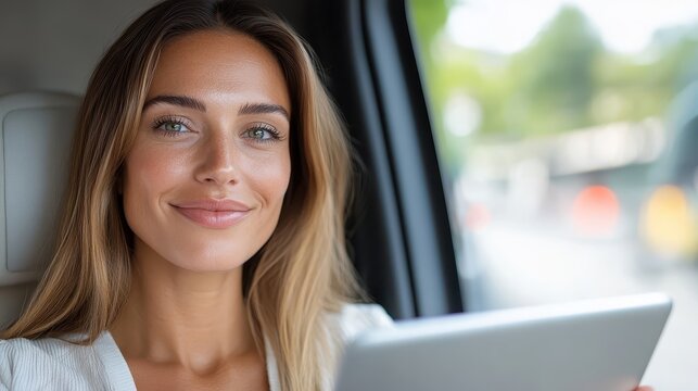 Businesswoman using digital tablet in car while contemplating her plans - Powered by Adobe