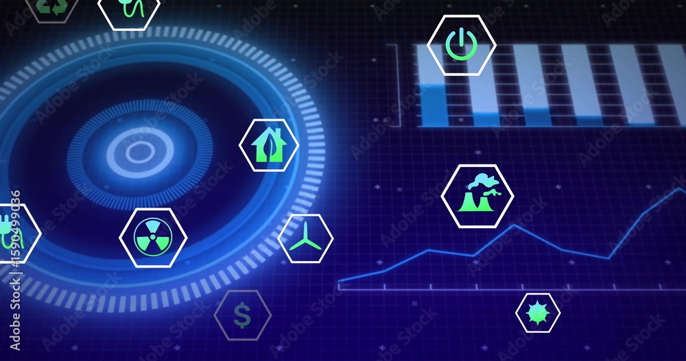 Poster displaying blue circular hud element projecting data on digital dashboard, with hexagonal icons