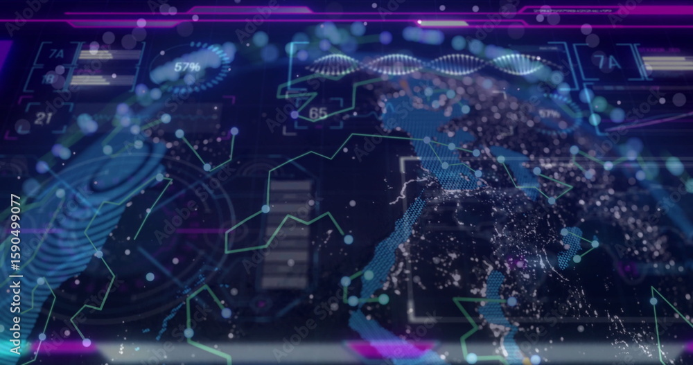 Aufkleber projecting data overlays on central holographic globe in dashboard, with fingerprint and helix