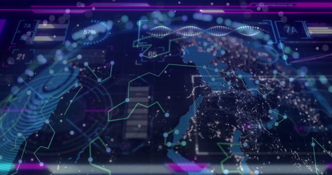 Projecting data overlays on central holographic globe in dashboard, with fingerprint and helix