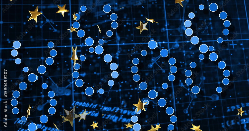 Poster floating blue nodes and golden stars over dark blue grid, showing code text and network lines