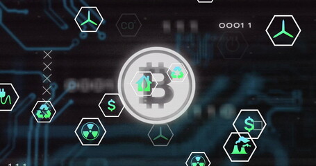 Floating Bitcoin symbol over circuit backdrop, with wind turbine, dollar, recycling and plug icons