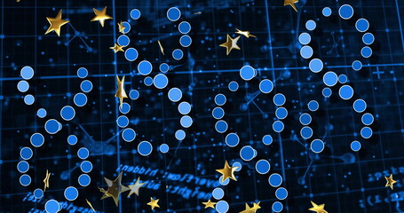 Naklejka premium Floating blue nodes and golden stars over dark blue grid, showing code text and network lines