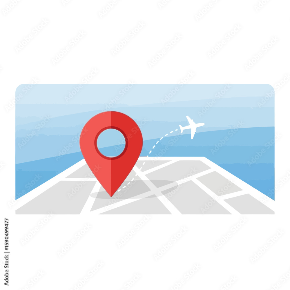 Poster a red location marker sits on a map with a plane flying overhead.