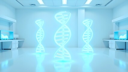 Glowing DNA helix hologram in a futuristic medical research laboratory, biotech and genetics concept