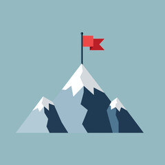 A mountain peak with a red flag against a light blue background.