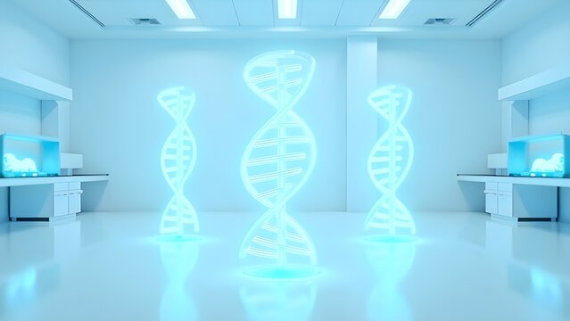 Glowing DNA helix hologram in a futuristic medical research laboratory, biotech and genetics concept - Powered by Adobe
