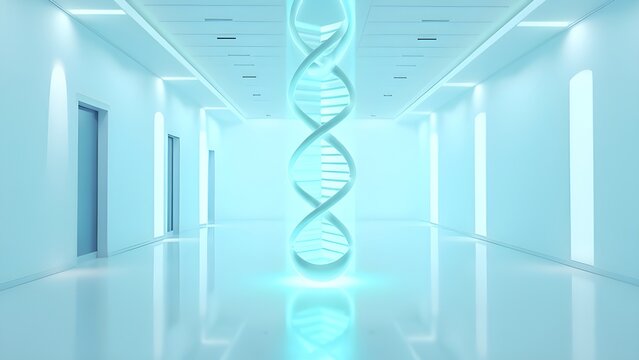 Glowing DNA helix hologram in a futuristic medical research laboratory, biotech and genetics concept