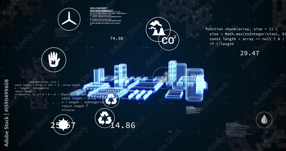 Poster showing industrial hologram glowing in virtual interface, with numeric overlays and code snippets