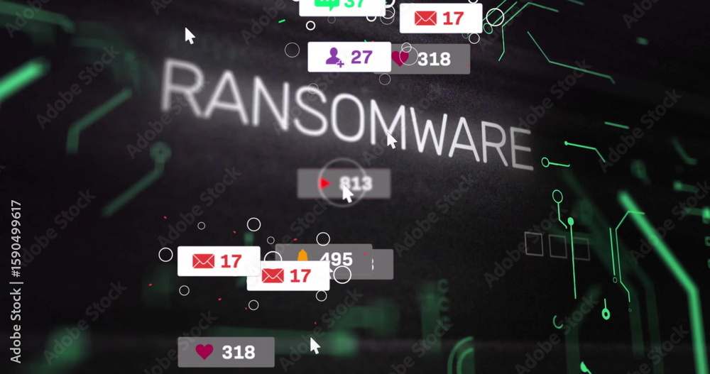 Poster Displaying ransomware text on UI showing envelope user heart padlock play icons, circuit nodes