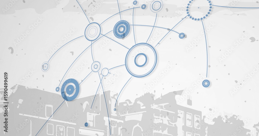 Poster displaying abstract network linking circular nodes above city skyline, with thin connecting lines