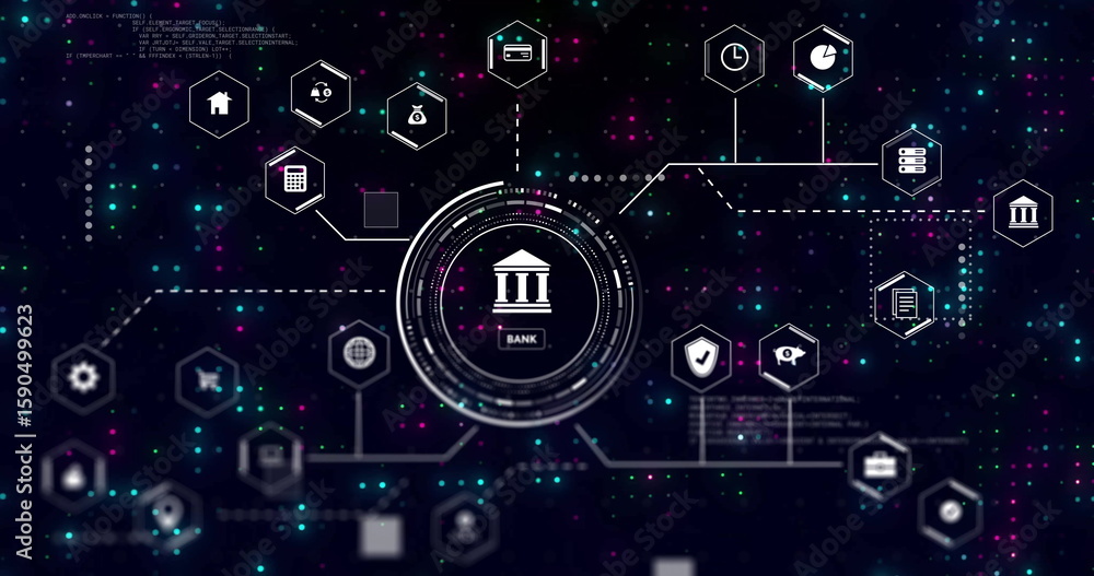 Poster showing circular hud highlighting bank icon on dark tech interface, with finance and tech icons