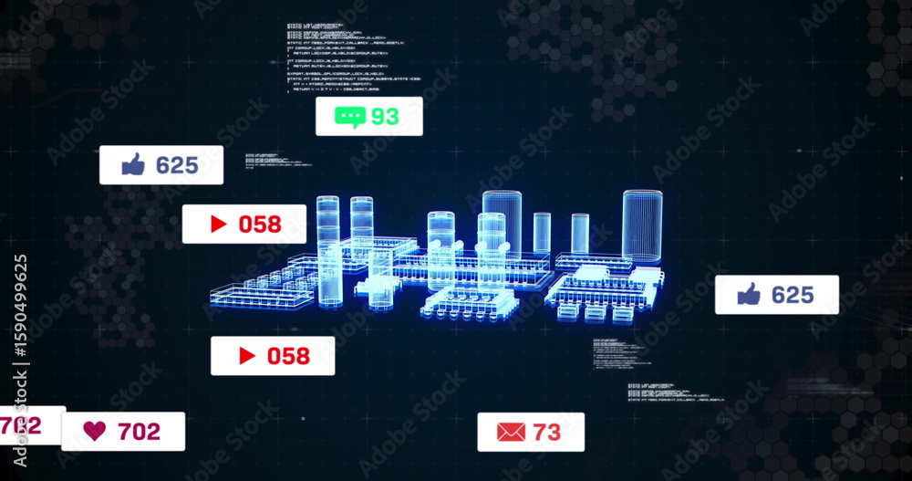 Poster displaying holographic 3d model glowing in virtual data interface, with thumbs up and play counters
