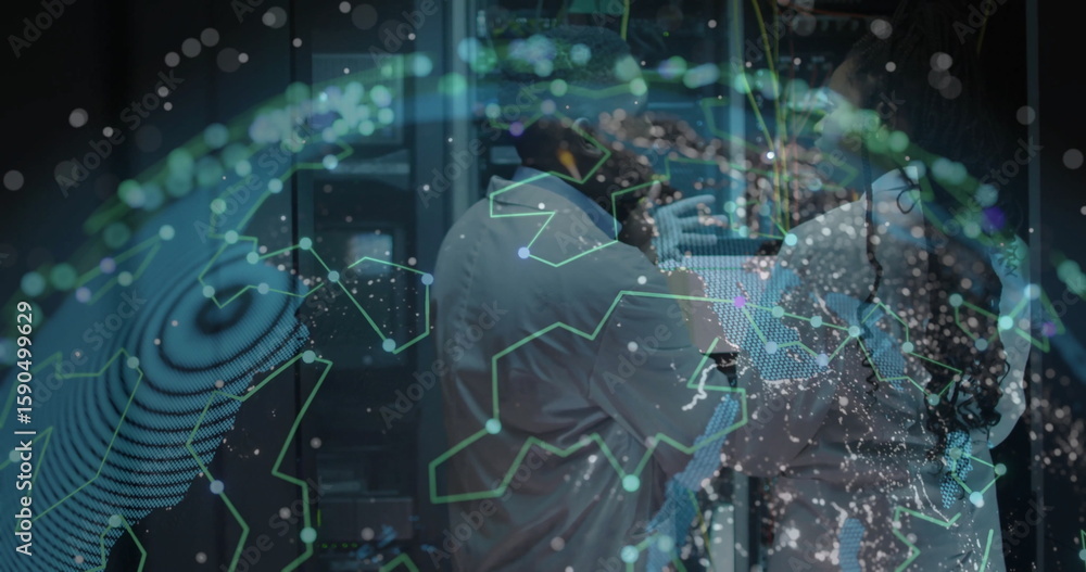 Poster two it technicians in lab coats inspecting servers and cables in data center aisle, globe overlay