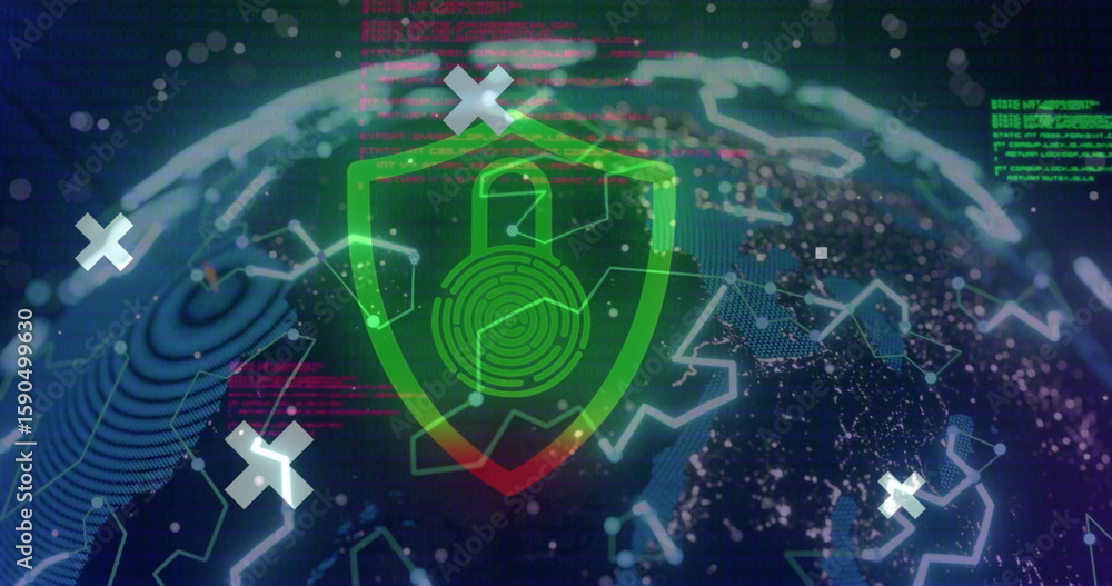Poster displaying green shield icon featuring padlock and fingerprint over globe mesh in data network