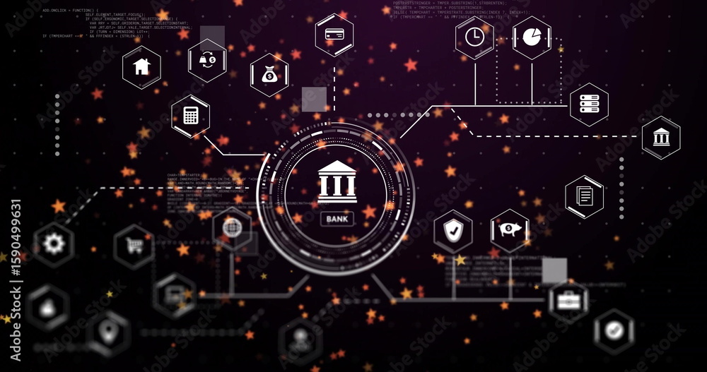 Poster showing central bank icon connecting finance and tech icons on virtual digital network interface