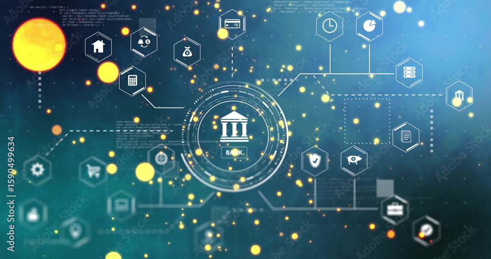 Leinwandbilder displaying circular banking interface linking hexagonal icons on teal network, with building icon