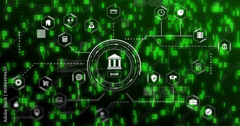 Poster highlighting circular hud showing bank icon on digital backdrop, with hexagonal financial icons