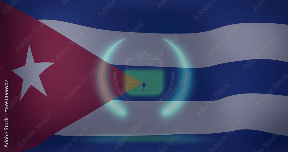 Poster displaying translucent green padlock icon representing encryption over cuban flag, with cyan arcs