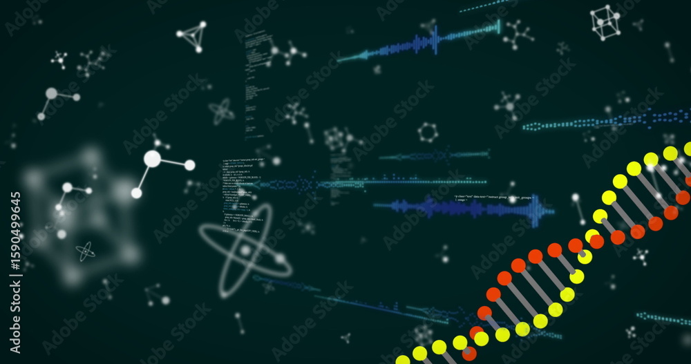 Poster showing dna helix looping across digital science interface, with code snippets, copy space