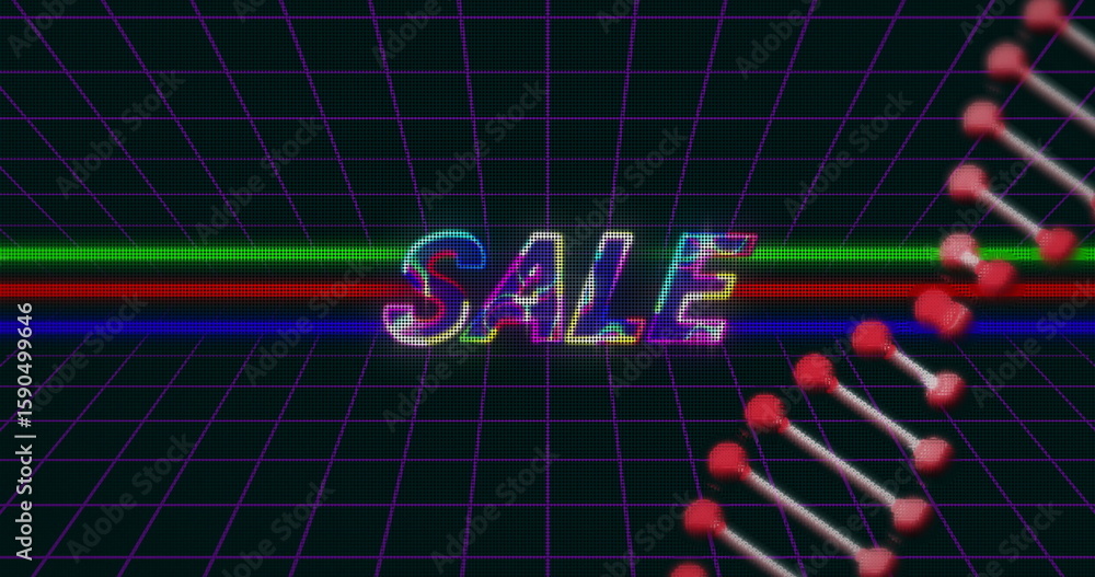 Poster glitch-style sale text floating in virtual futuristic space, with purple grid and dna-like helix