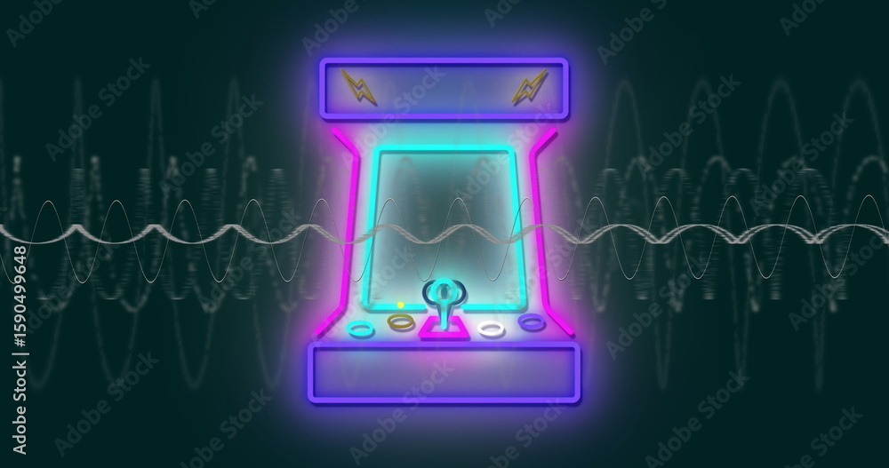 Poster glowing neon-lit arcade cabinet with joystick controls pulsating on teal backdrop, with waveforms