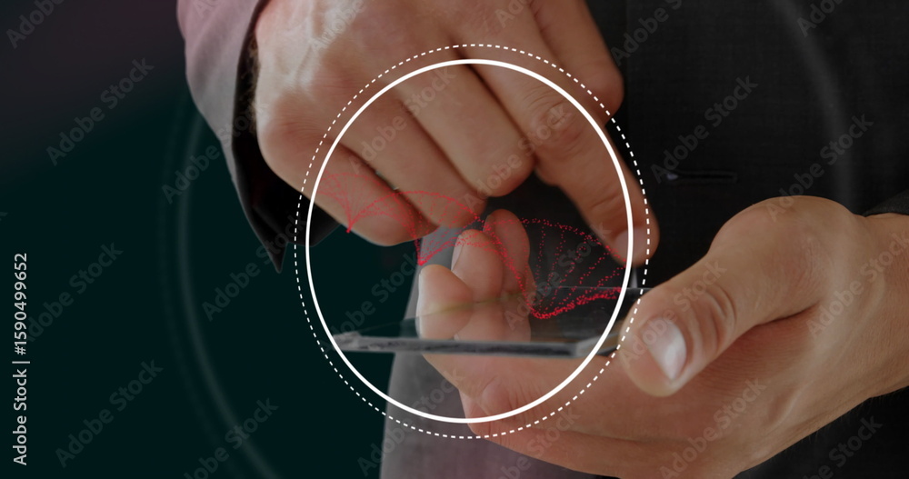Poster tapping smartphone screen with suited hands in digital interface overlay, showing red dna helix