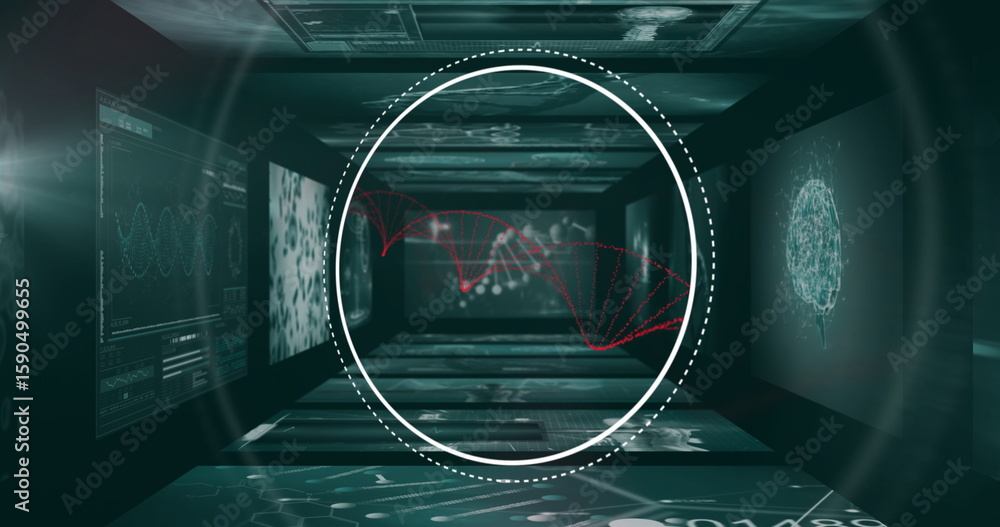 Poster floating central overlay showing red dna helix in futuristic data corridor, with holographic charts
