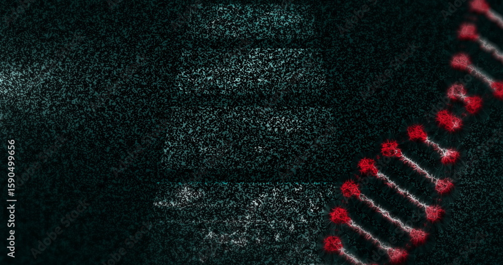 Poster displaying glowing red dna double helix rotating in abstract background, bright nodes, copy space