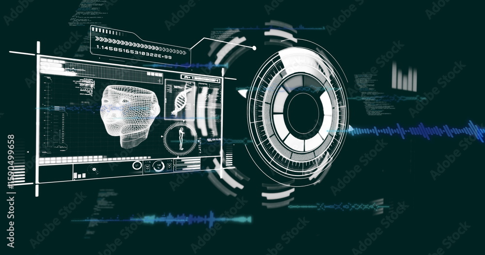 Poster spinning circular hud in console with wireframe head panel, charts with dna helix, code and waves