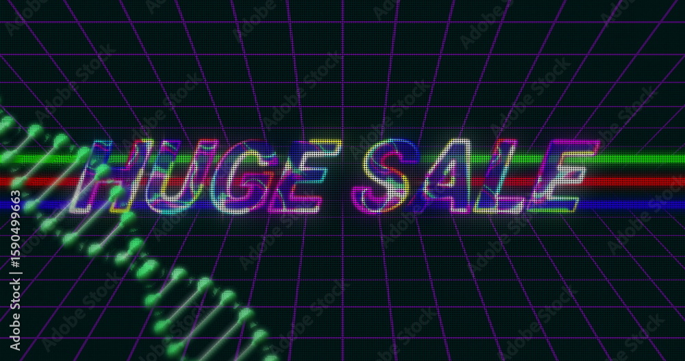 Poster displaying neon huge sale text glitching over retro wireframe grid, with glowing helical waveform