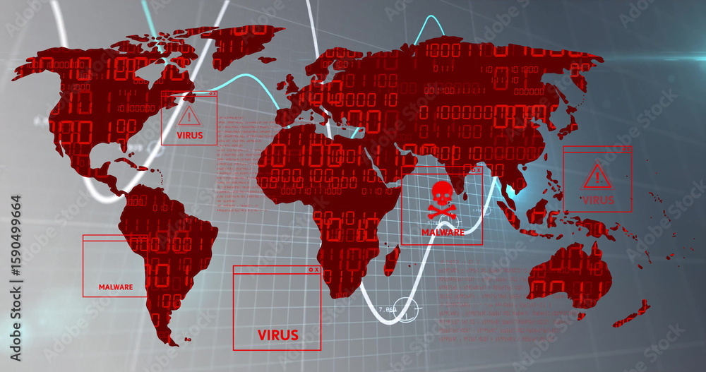Poster displaying security panel tracking malware with red world map, data overlays and warning callouts