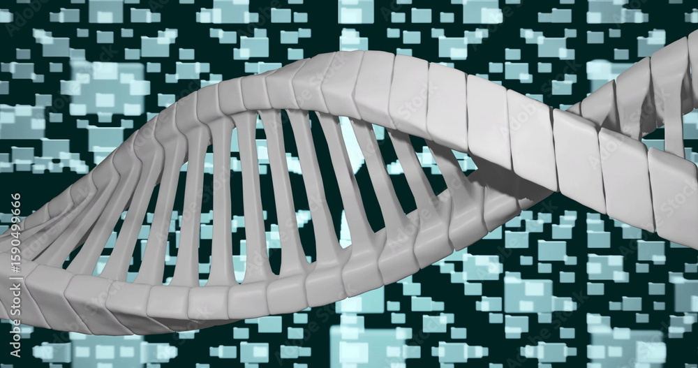 Poster displaying 3d grey dna double helix model twisting across dark teal cyberspace, with pixel blocks