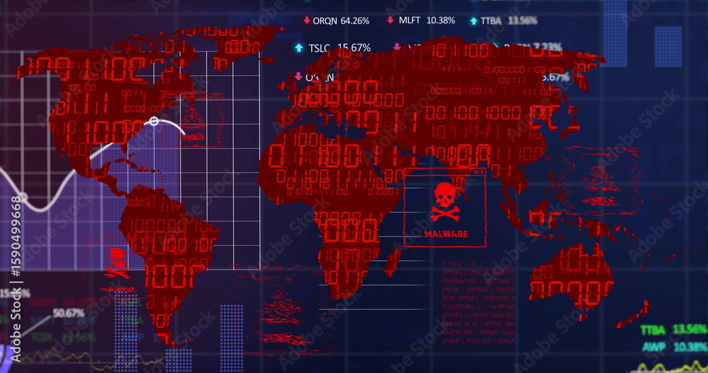 Poster Displaying dashboard showing red binary world map with percent labels on screen, with malware icon
