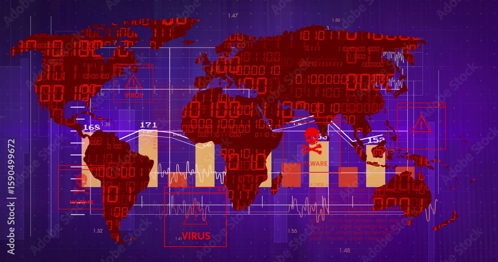 Poster displaying red world map on purple grid dashboard, with binary waveforms, virus malware icons