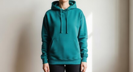 Teal hoodie on a person, front view, simple design, casual wear.