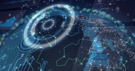 holographic ring spinning in control center, with network data nodes, UI code panels, 3D Earth mesh