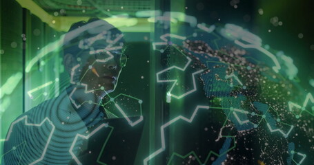 Studying holographic globe, Korean man in sweater operating in lab, with particles, copy space