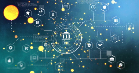 Displaying circular banking interface linking hexagonal icons on teal network, with building icon