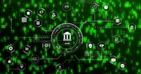 Highlighting circular HUD showing bank icon on digital backdrop, with hexagonal financial icons