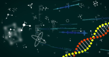 Showing DNA helix looping across digital science interface, with code snippets, copy space
