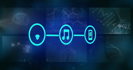 Showing mushroom, music note and phone icons linking on interface featuring DNA brain and molecules