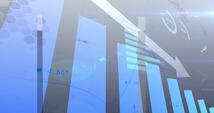 Translucent blue bars rising in dashboard, with line graph, down arrow, hex grid, progress panels