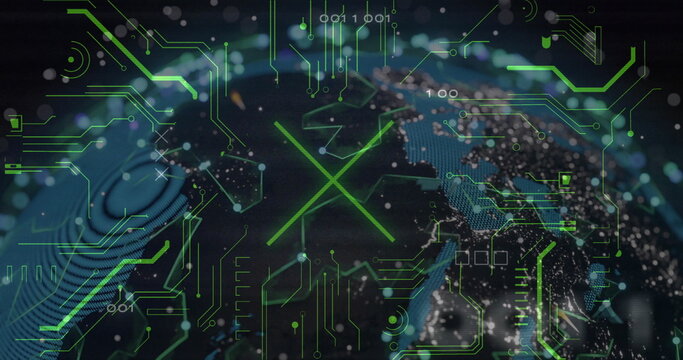 Presenting 3D globe glowing with neon circuitry, binary code and X symbol over virtual interface - Powered by Adobe