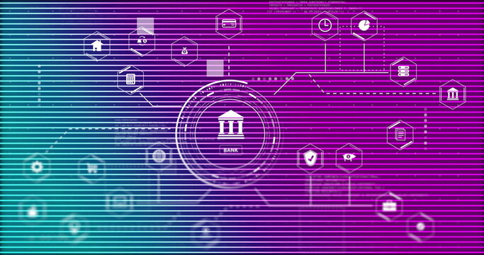 Displaying central bank icon linking to credit card, padlock and server nodes on gradient interface