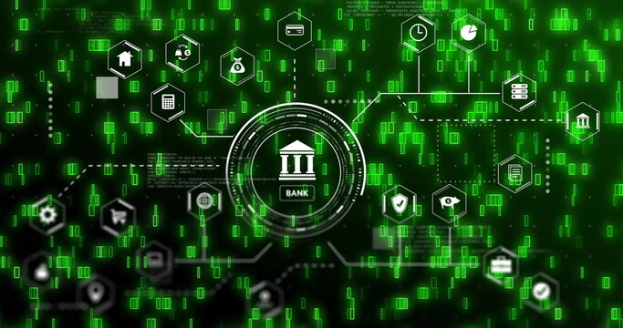 Highlighting circular HUD showing bank icon on digital backdrop, with hexagonal financial icons