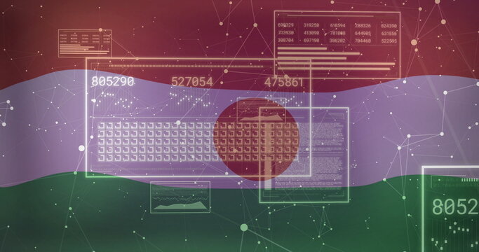 Floating data panels overlaying digital background showing numeric readouts icon grid network nodes